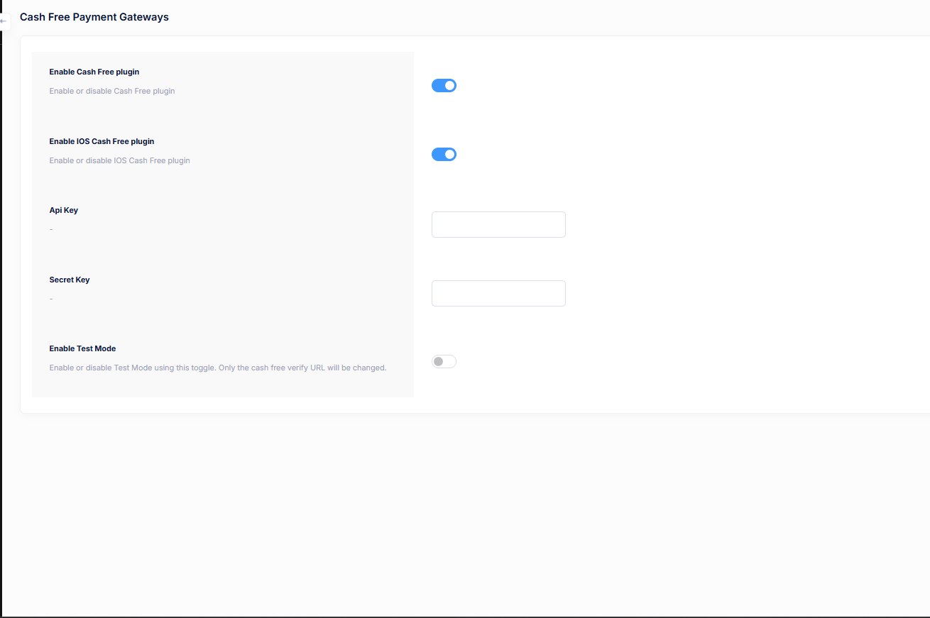 Cashfree Payment Gateway Settings
