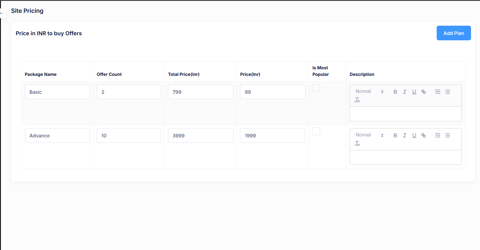 Site Pricing Configuration